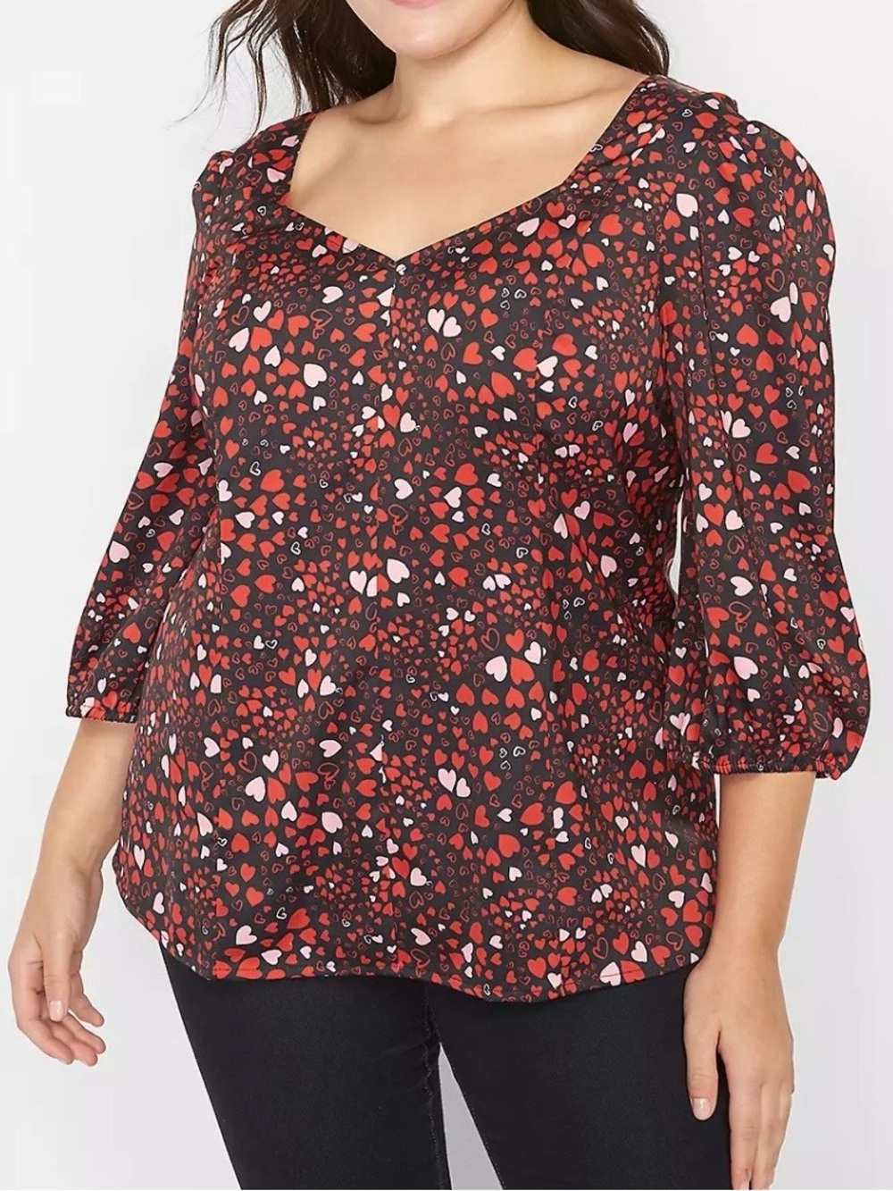 Lane Bryant Heart Print Peasant Blouse Womens 18 Red Black 3/4 Sleeve